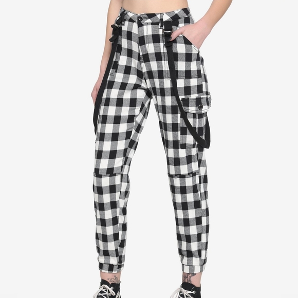 Hot Topic Black & White Flannel Suspender Jogger Pants - Medium - Picture 1 of 10